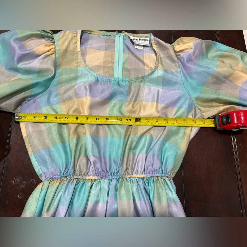 1980’s Donna Morgan Pastel Checkered Designer Cocktail Dress w/ Ruffle Collar - Picture 11 of 12